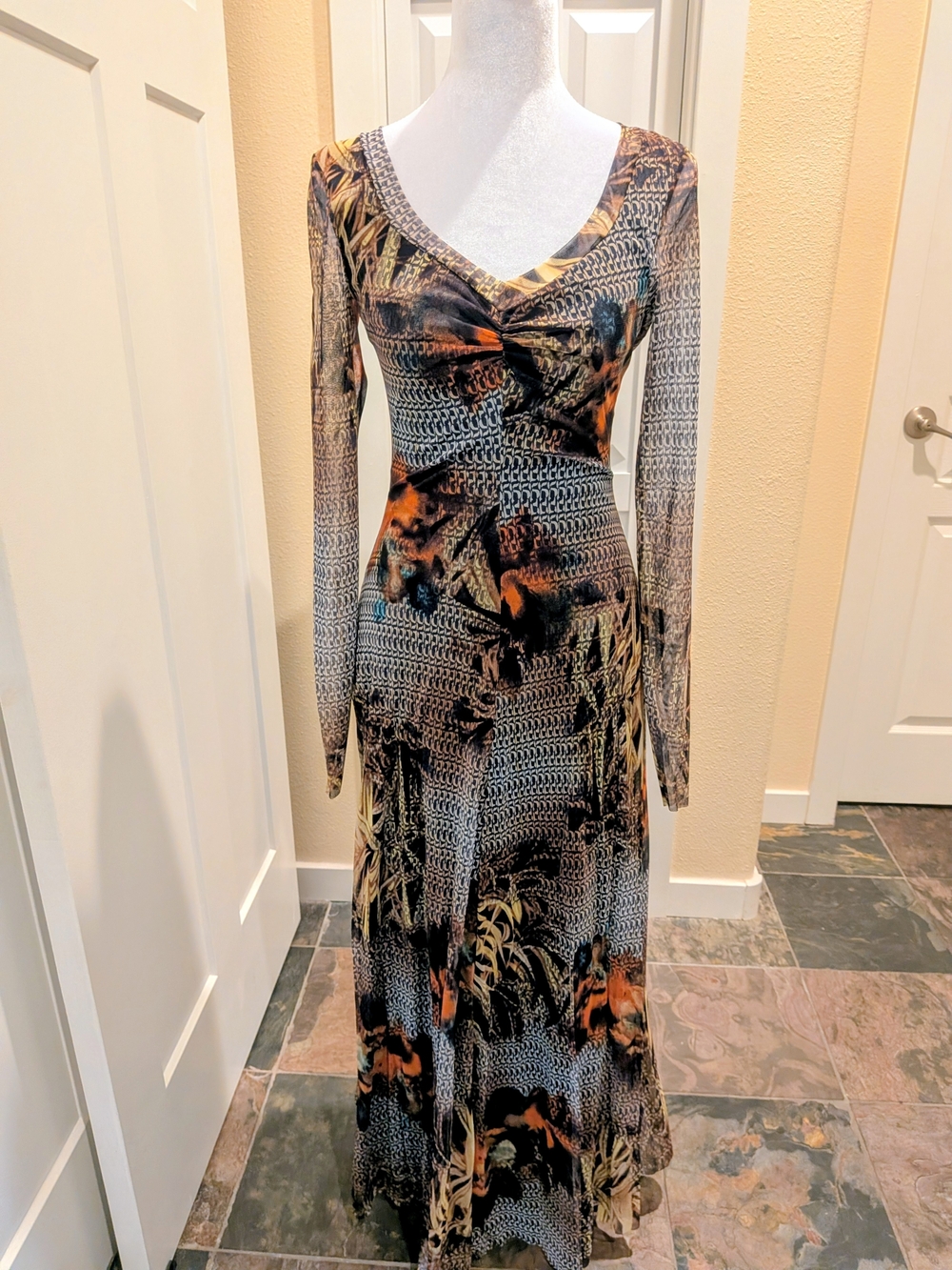 Long Sleeve V-Neck Maxi Dress in Black and Brown Print